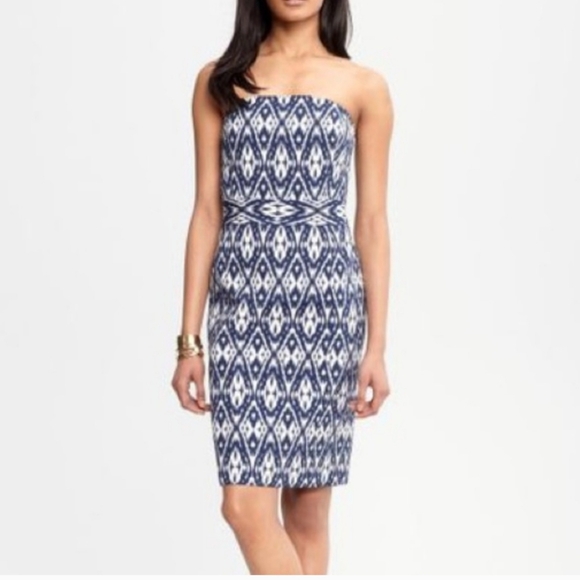Banana Republic Ikat navy and white strapless dress NWOT - Picture 1 of 15